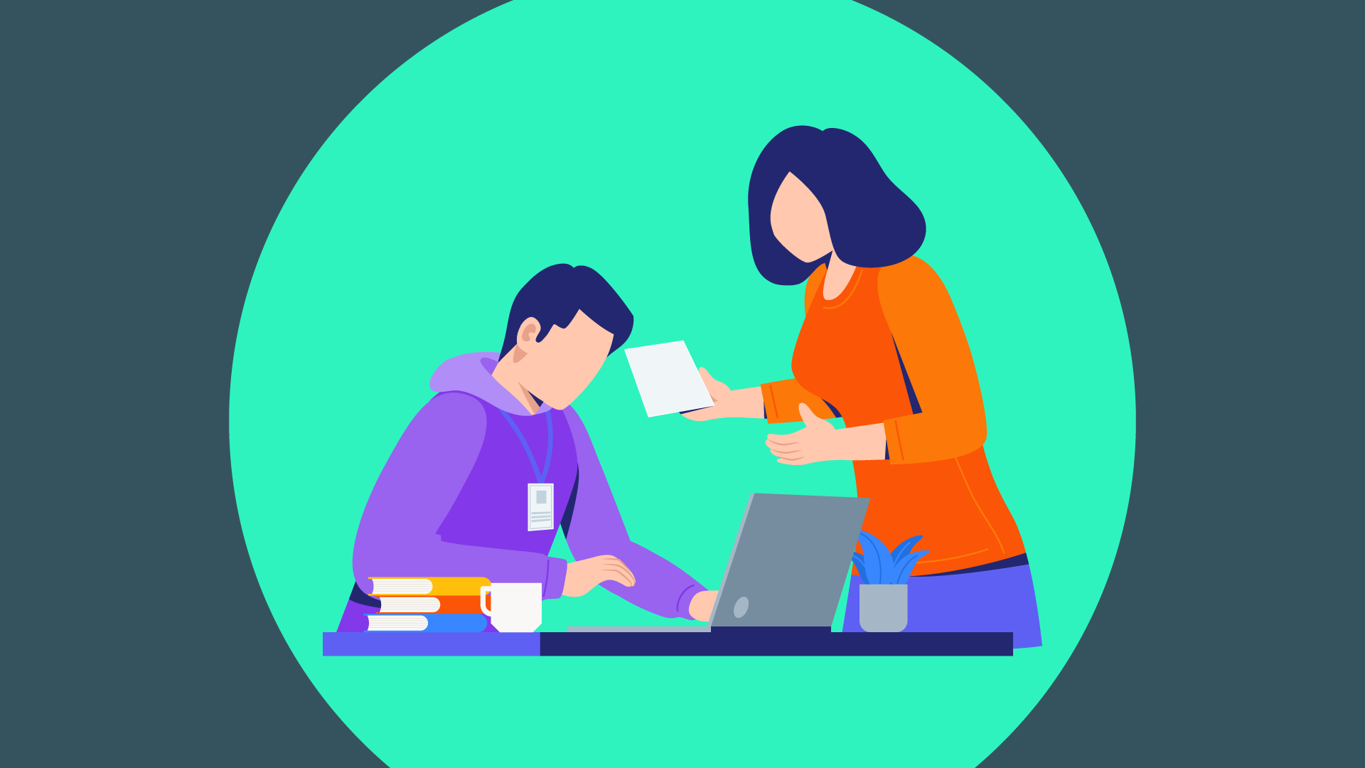 A tutor offers assistance to a student who's working on his laptop